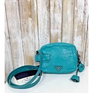 PRADA Pavone Blue Nappa Antique Leather Crossbody Camera Bag Zip Handheld RARE